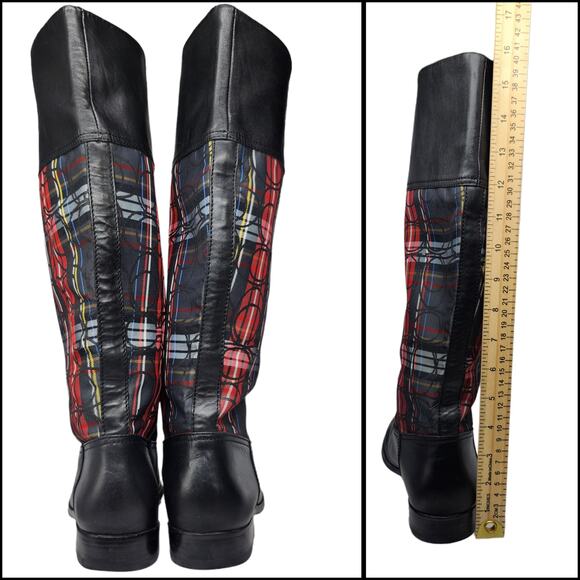 Coach Boots Womens 8.5 Black Red Plaid Tartan Leather Knee High Heeled Knee High - Picture 8 of 12